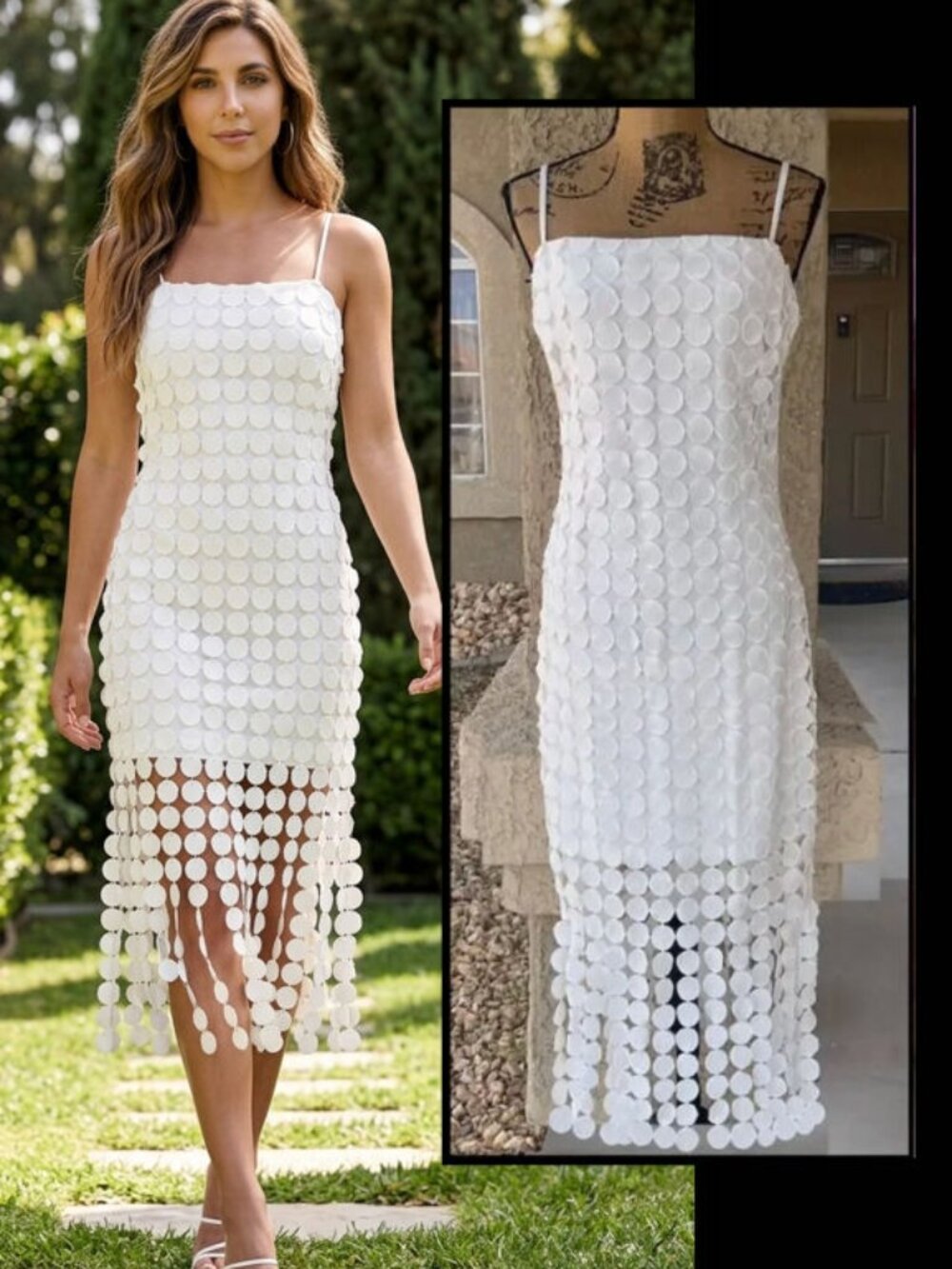 Lulus Fun Fascination White 3D Dot Sleeveless Fringe Midi Dress Size: L